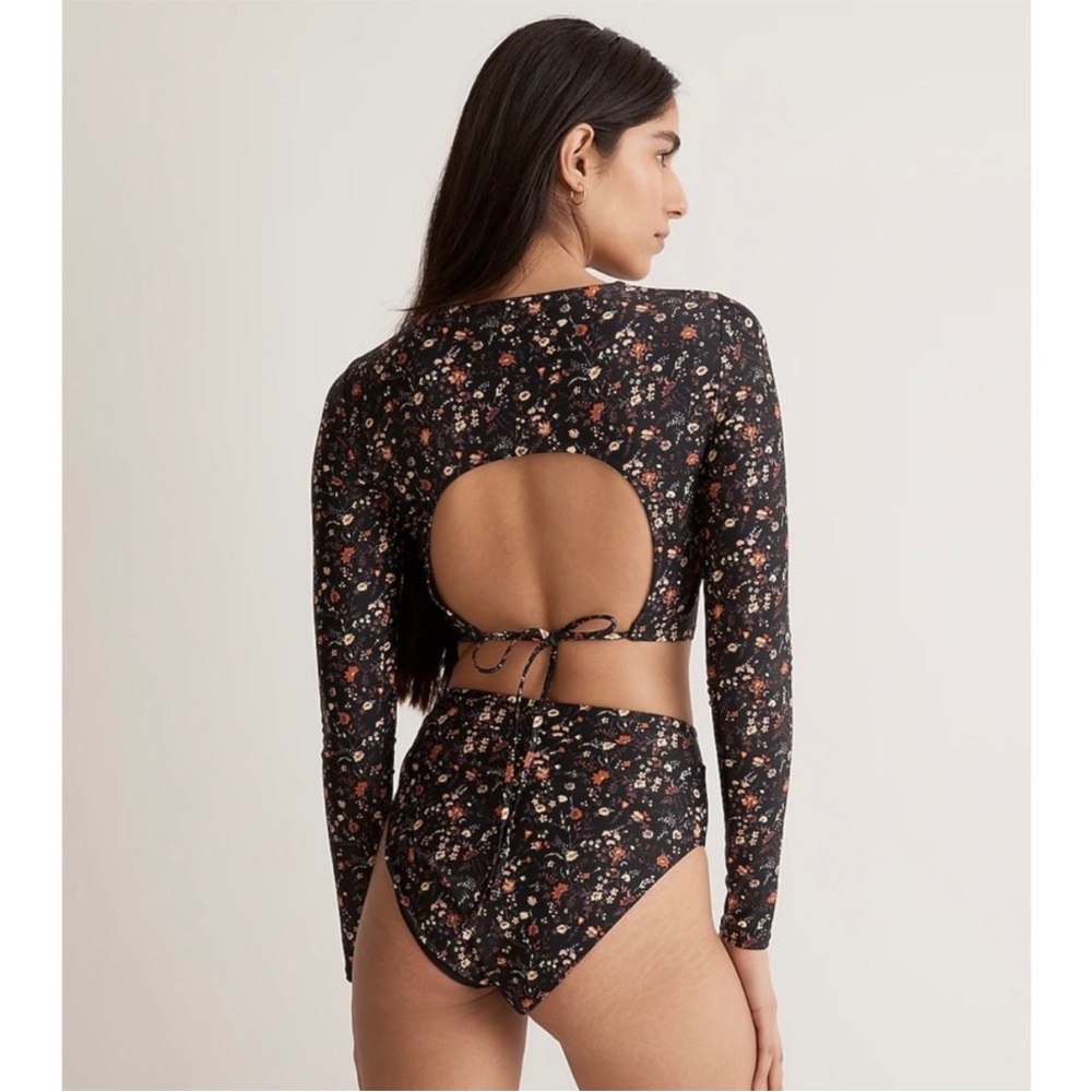 Madewell Black Floral Tie-Back Rashguard Swim Top (No Bottoms)
